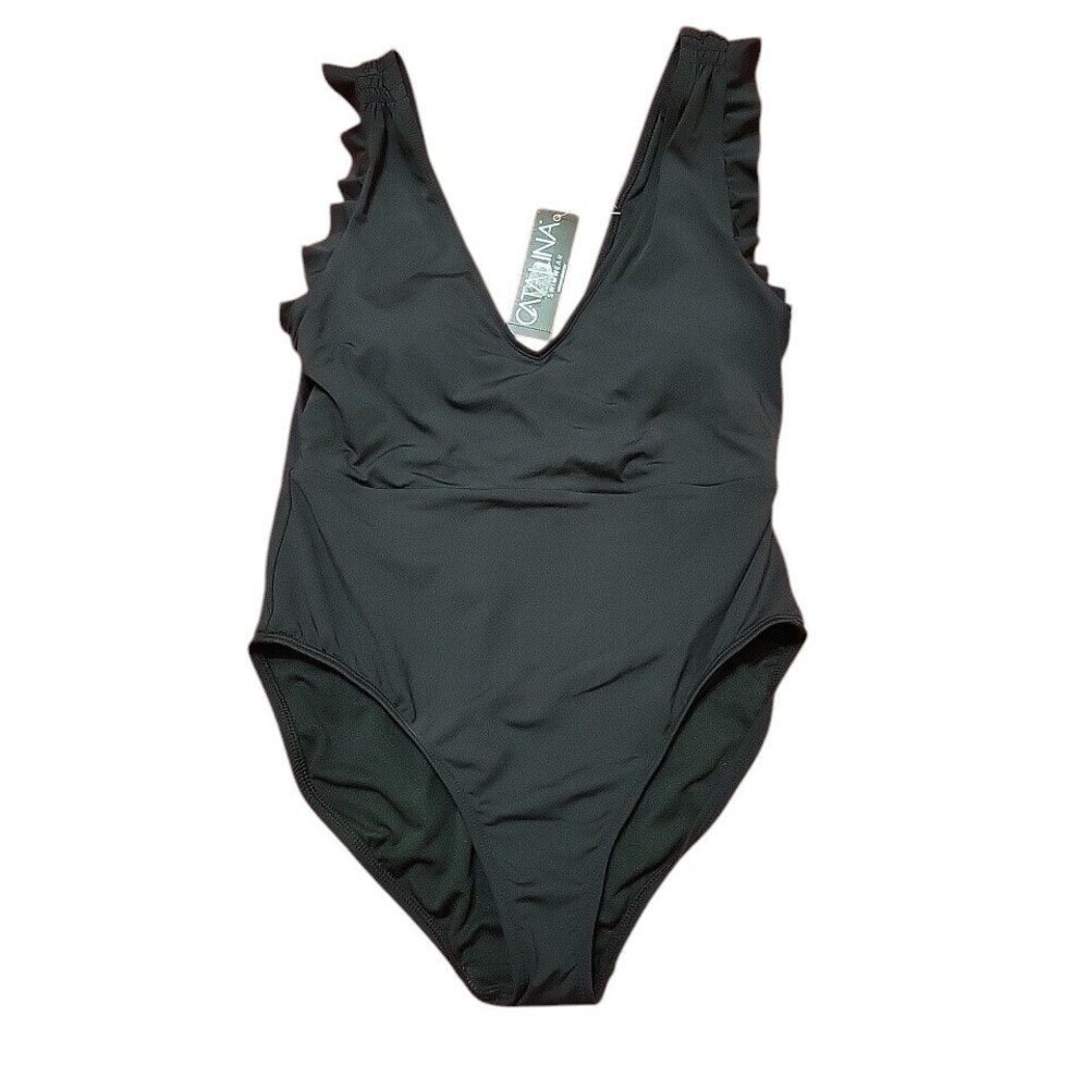 NWT Catalina Women's M Bathing Suit One Piece Black Ruffle Removable Pads F1.25